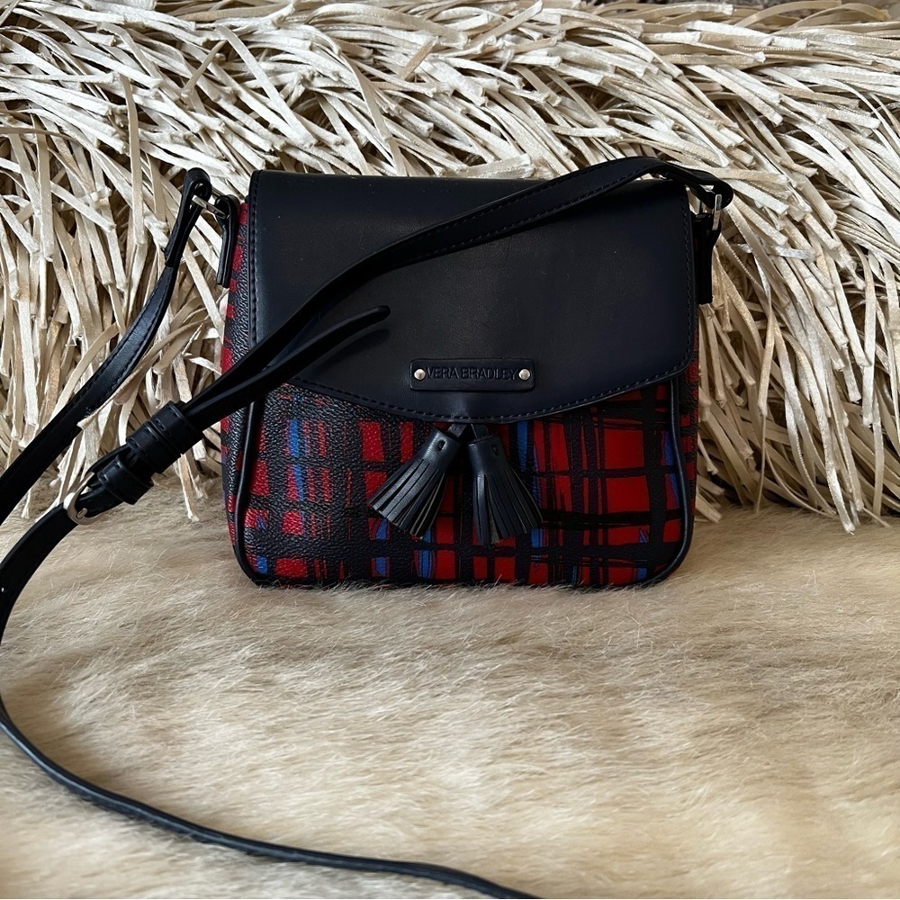 VERA BRADLEY Navy & Red Art Plaid S Tasseled Crossbody Bag Vegan Leather Flap